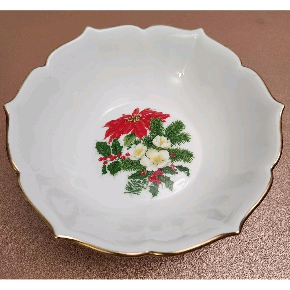 Vintage AK Kaiser West Germany Christmas Poinsettia Bowl With Gold Trim 8"